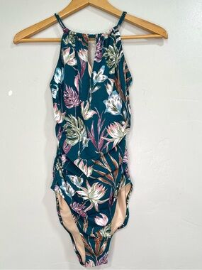 Garnet Hill Teal Floral Halter One-Piece